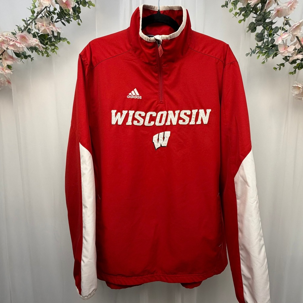Adidas Wisconsin Badgers Mens Large Red Quarter Zip Windbreaker Jacket 6991A 12